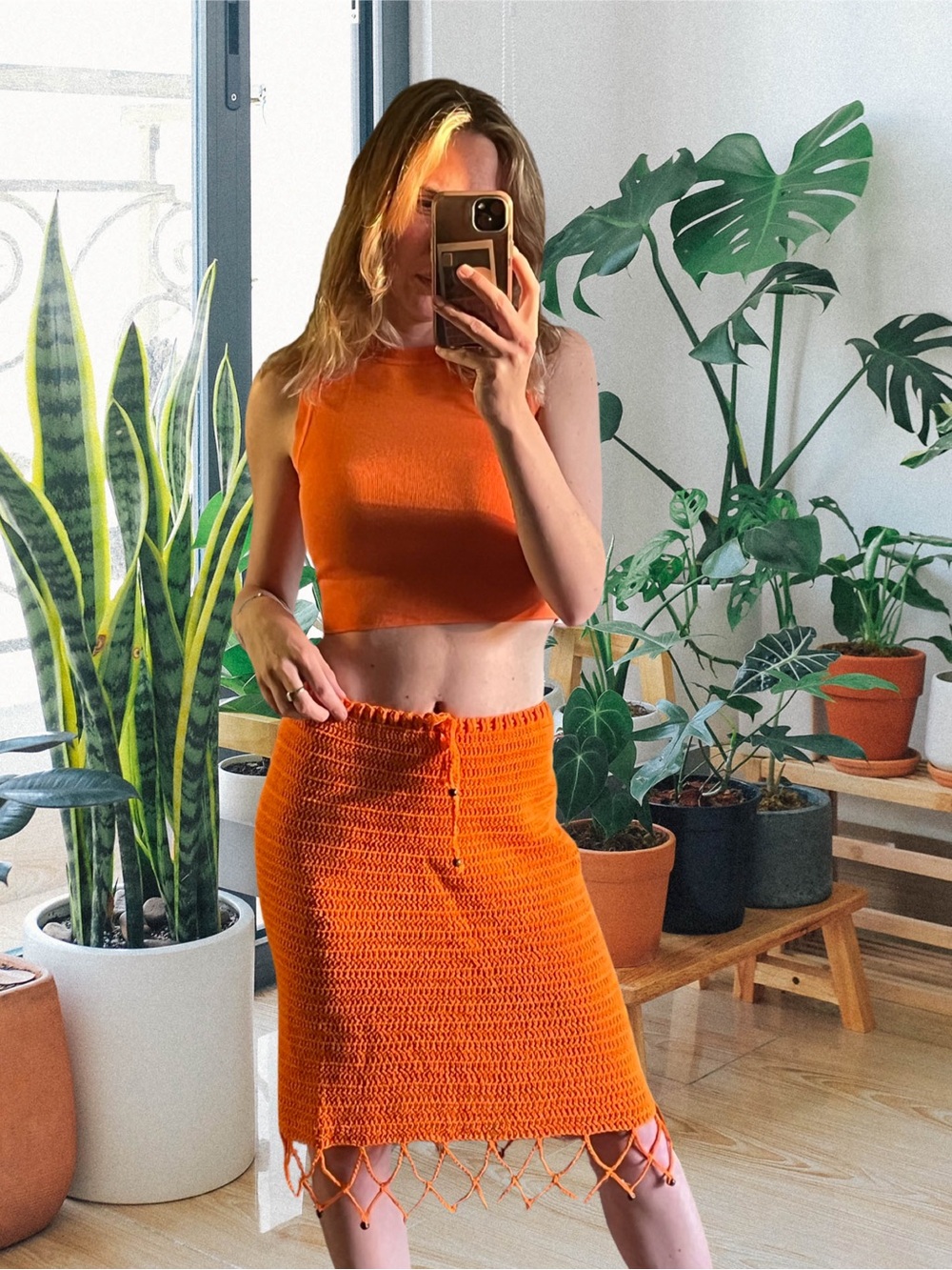 Artisian made Orange Crochet Midi Skirt - set